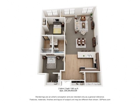 Floor plan for 2 beds, 2 baths, 1385 sqft